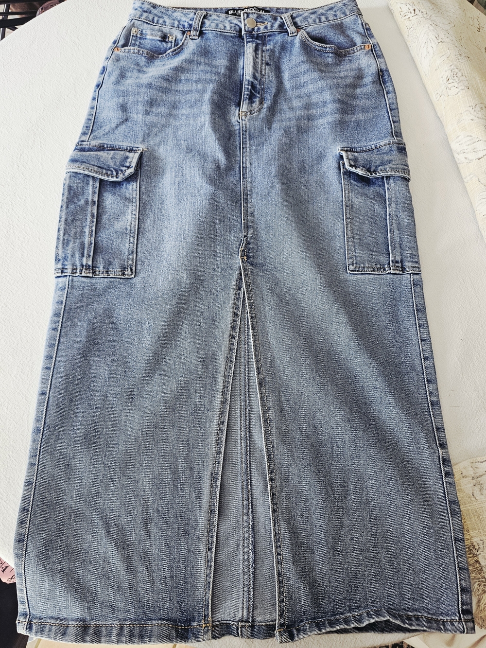 Blue Revival Y2K Indie Sleaze Cargo Denim Maxi Skirt - Med Wash Front Slit Sz 27